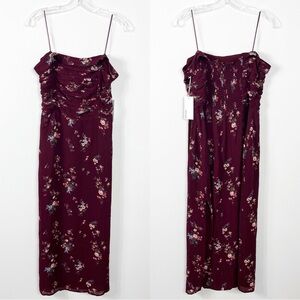 Reformation Lore Strapless Shirred Midi Dress Size 12 NWT Burgundy Dainty Floral